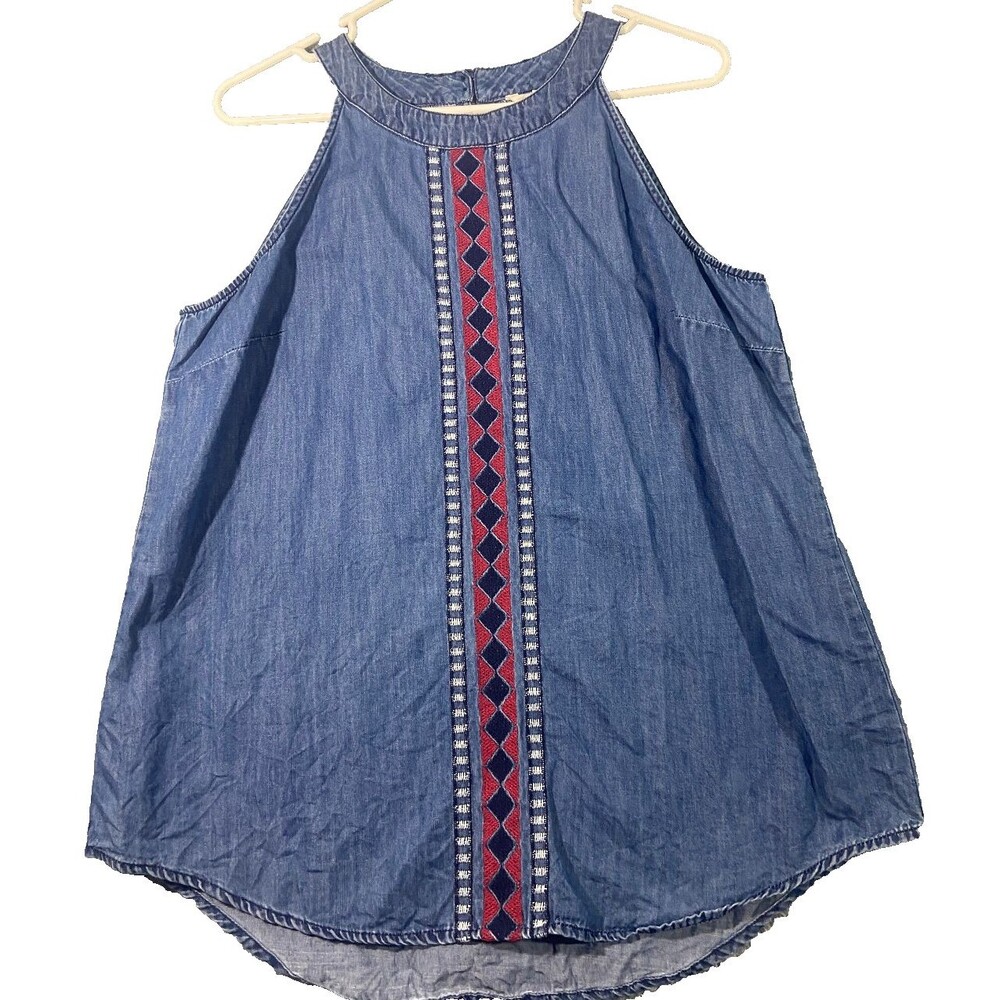 EST 1948 Chambray Top Womens Large Blue Aztec Sleeveless Swing Embroidered